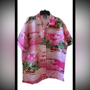 True Face Hawaiian Men’s Shirt Large Pink PalmTrees Surf Board Cars Short Sleeve